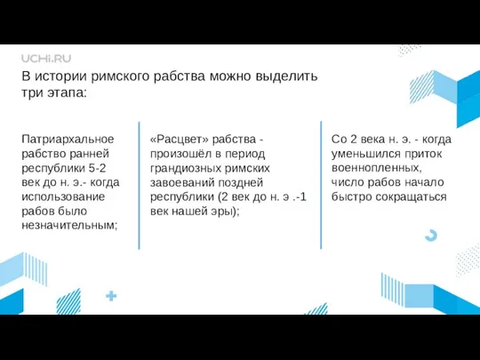 В истории римского рабства можно выделить три этапа: Патриархальное рабство ранней республики