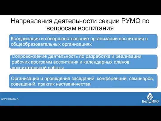 Направления деятельности секции РУМО по вопросам воспитания www.beliro.ru Организация и проведение заседаний,