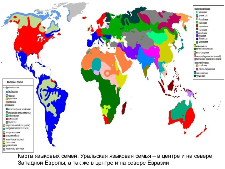 Карта языковых семей. Уральская языковая семья – в центре и на севере