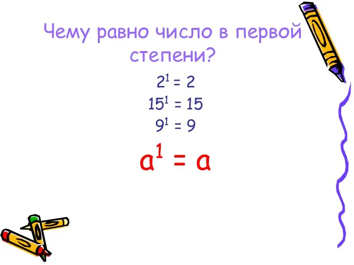 Чему равно число в первой степени? 21 = 2 151 = 15