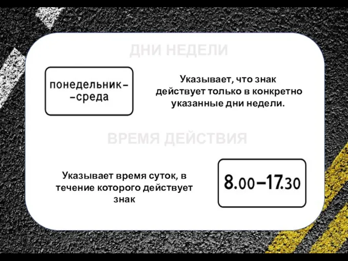 сс ДНИ НЕДЕЛИ Указывает, что знак действует только в конкретно указанные дни