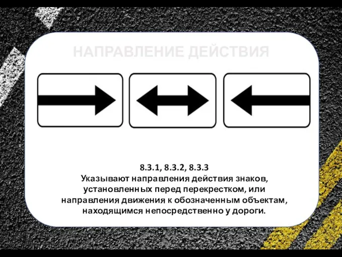 сс 8.3.1, 8.3.2, 8.3.3 Указывают направления действия знаков, установленных перед перекрестком, или