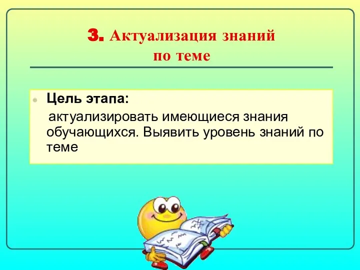 3. Актуализация знаний по теме Цель этапа: актуализировать имеющиеся знания обучающихся. Выявить уровень знаний по теме