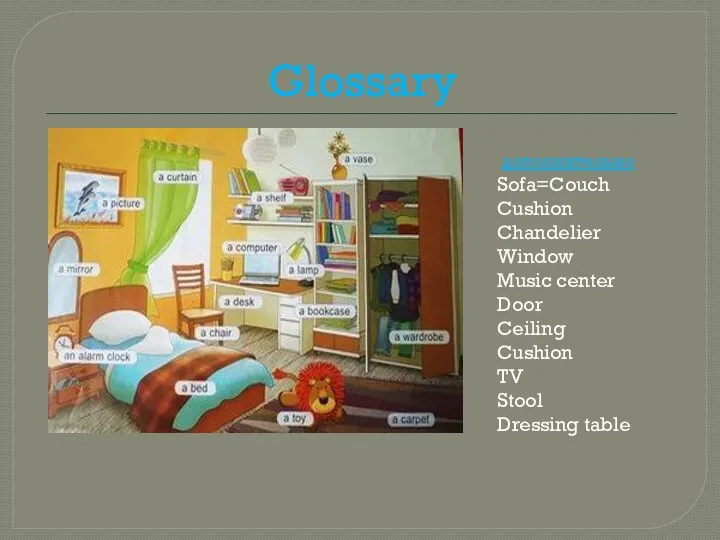 Glossary дополнительно Sofa=Couch Cushion Chandelier Window Music center Door Ceiling Cushion TV Stool Dressing table