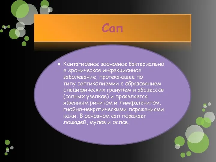 Сап Контагиозное зоонозное бактериальное хроническое инфекционное заболевание, протекающее по типу септикопиемии с