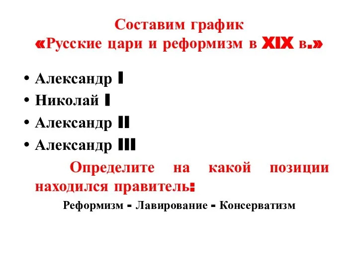 Составим график «Русские цари и реформизм в XIX в.» Александр I Николай