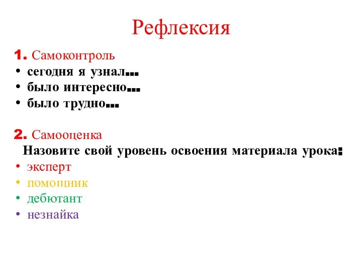 Рефлексия 1. Самоконтроль сегодня я узнал… было интересно… было трудно… 2. Самооценка