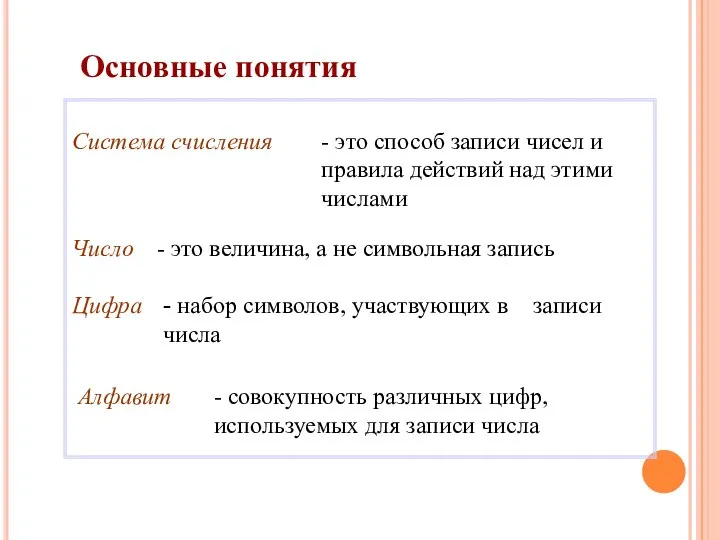 Основные понятия Система счисления - это способ записи чисел и правила действий