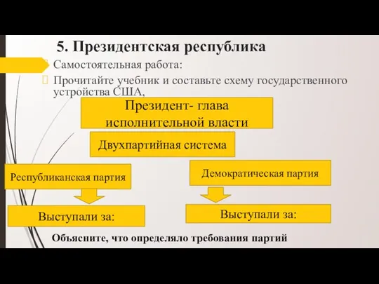 5. Президентская республика Самостоятельная работа: Прочитайте учебник и составьте схему государственного устройства