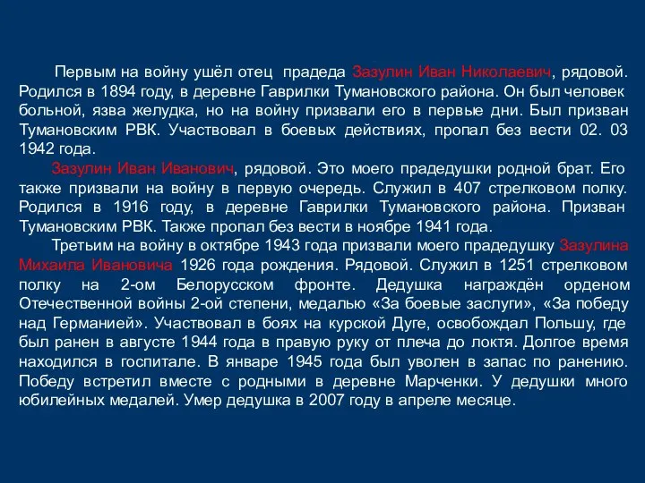 Первым на войну ушёл отец прадеда Зазулин Иван Николаевич, рядовой. Родился в