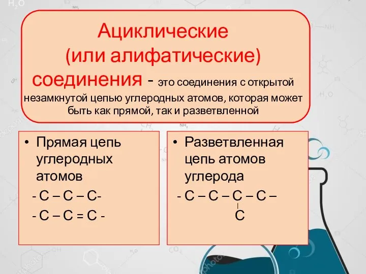 Ациклические (или алифатические) соединения - это соединения с открытой незамкнутой цепью углеродных