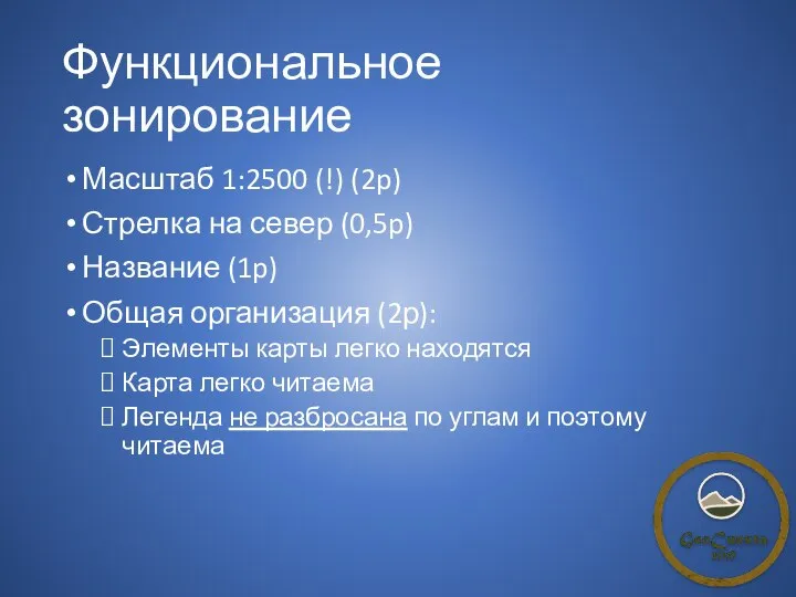 Функциональное зонирование Масштаб 1:2500 (!) (2p) Стрелка на север (0,5p) Название (1p)