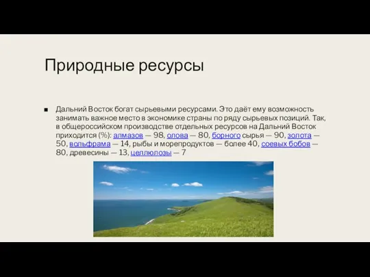 Природные ресурсы Дальний Восток богат сырьевыми ресурсами. Это даёт ему возможность занимать