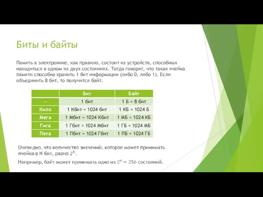 Биты и байты Память в электронике, как правило, состоит из устройств, способных
