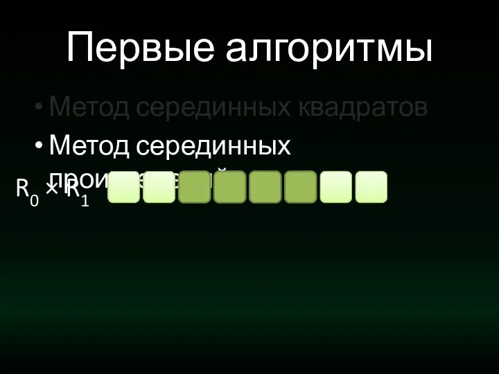 Первые алгоритмы Метод серединных квадратов Метод серединных произведений R0 × R1