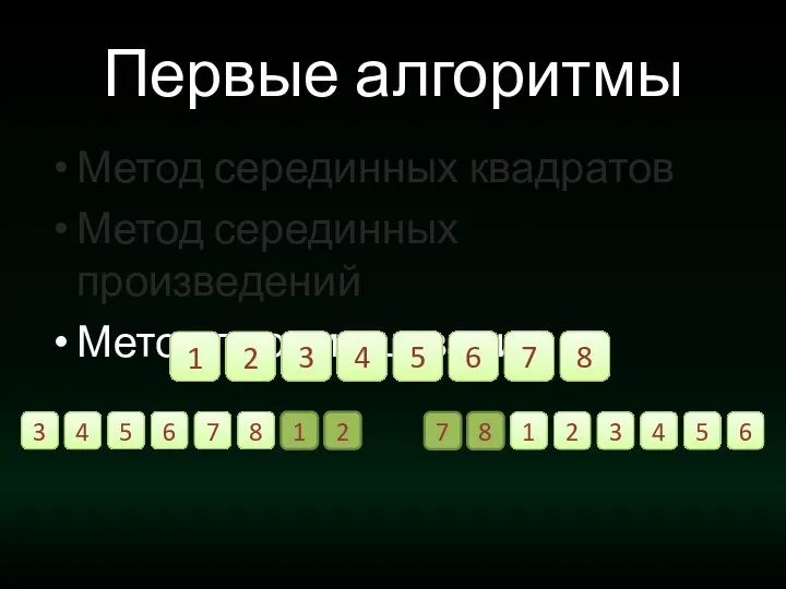 Первые алгоритмы Метод серединных квадратов Метод серединных произведений Метод перемешивания 3 4