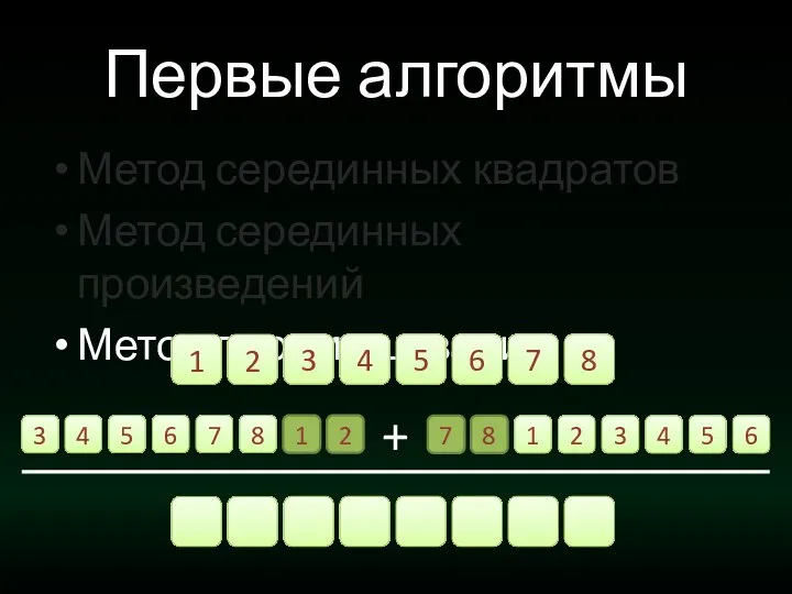 Первые алгоритмы Метод серединных квадратов Метод серединных произведений Метод перемешивания 3 4