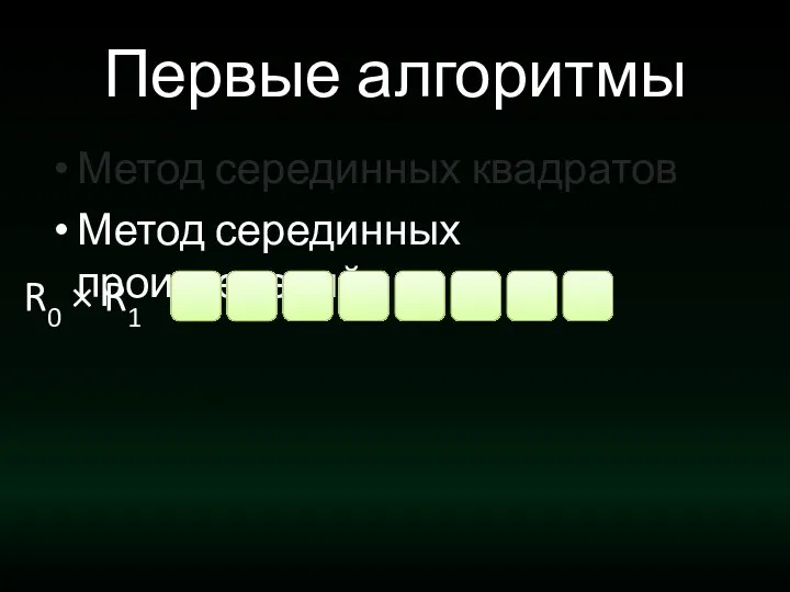 Первые алгоритмы Метод серединных квадратов Метод серединных произведений R0 × R1