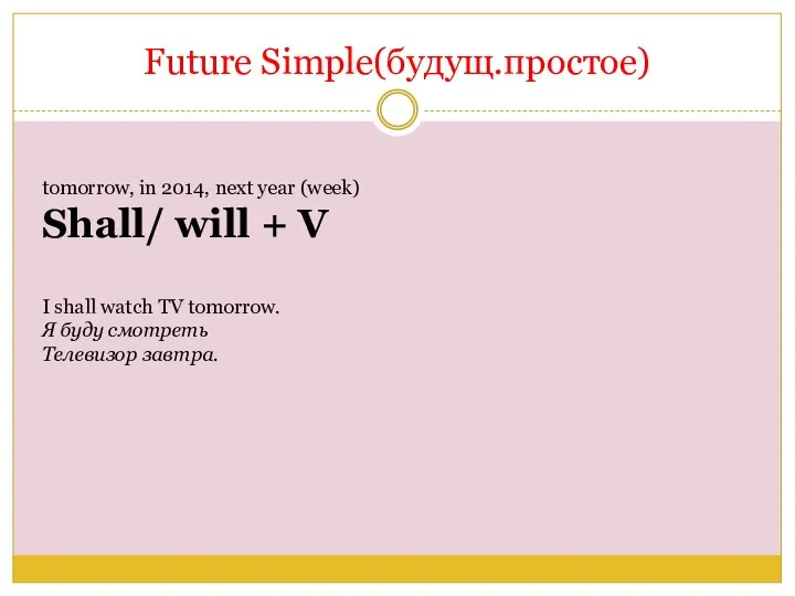 Future Simple(будущ.простое) tomorrow, in 2014, next year (week) Shall/ will + V