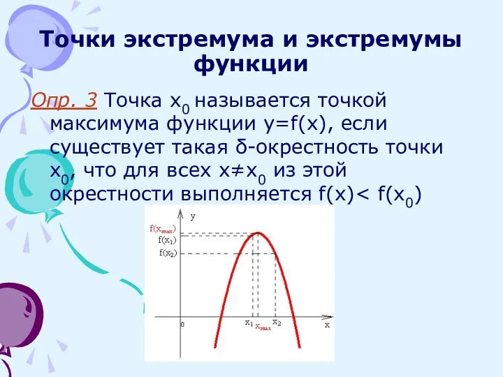 Точки экстремума и экстремумы функции Опр. 3 Точка x0 называется точкой максимума