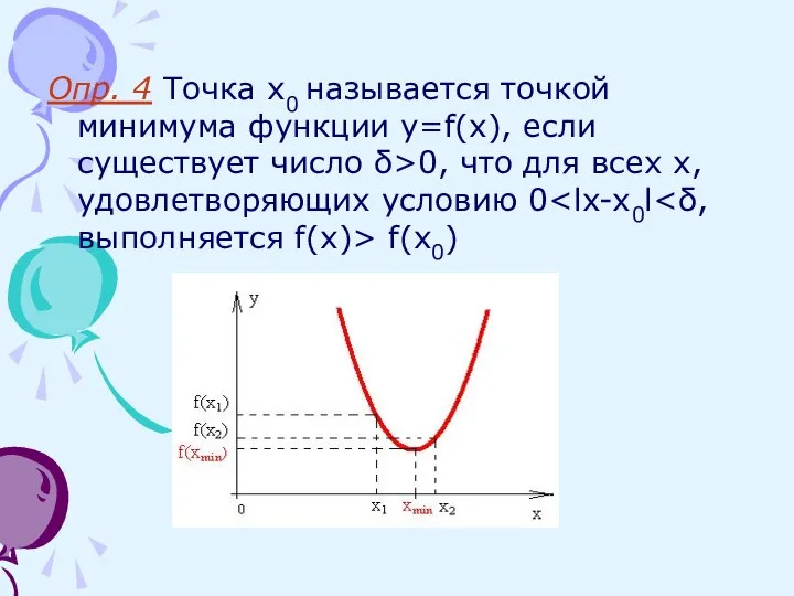 Опр. 4 Точка x0 называется точкой минимума функции y=f(x), если существует число