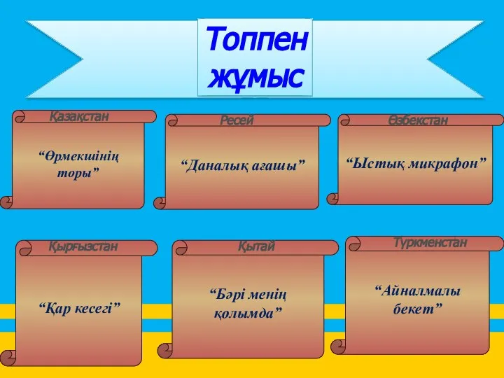 Топпен жұмыс “Қар кесегі” “Айналмалы бекет” “Бәрі менің қолымда” “Өрмекшінің торы” “Даналық