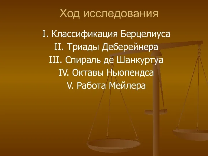 Ход исследования I. Классификация Берцелиуса II. Триады Деберейнера III. Спираль де Шанкуртуа