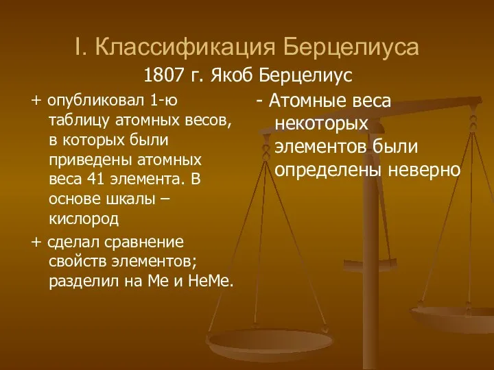 I. Классификация Берцелиуса + опубликовал 1-ю таблицу атомных весов, в которых были