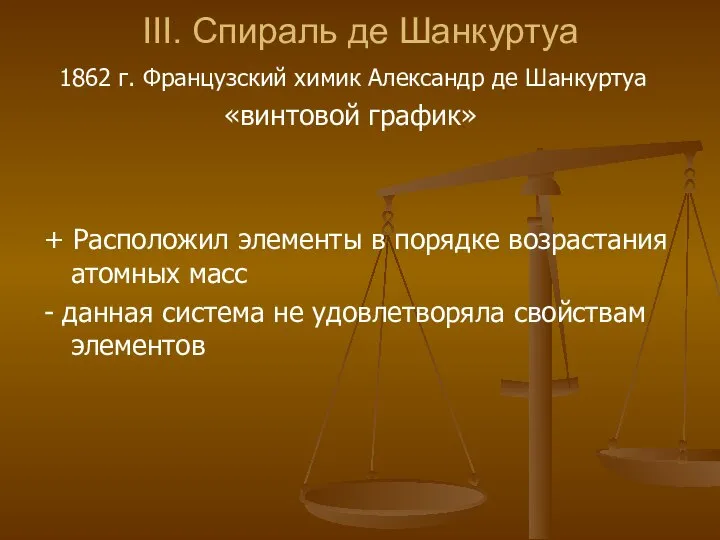 III. Спираль де Шанкуртуа 1862 г. Французский химик Александр де Шанкуртуа «винтовой