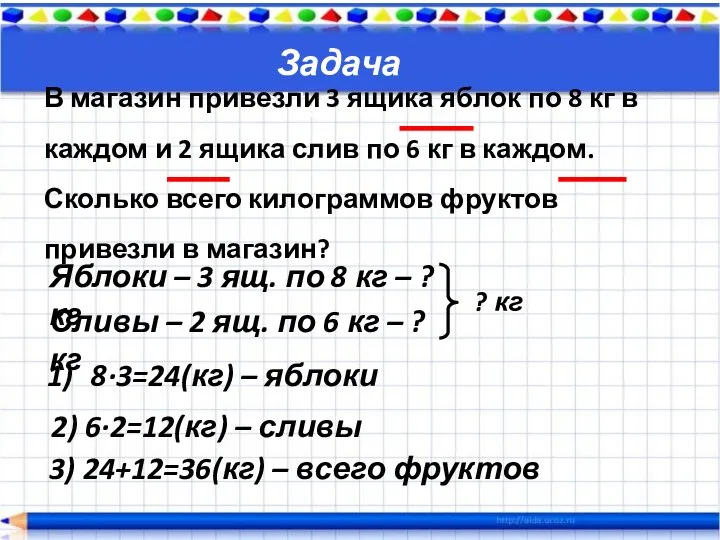 Задача №2 В магазин привезли 3 ящика яблок по 8 кг в