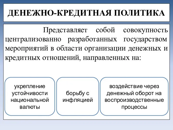 ДЕНЕЖНО-КРЕДИТНАЯ ПОЛИТИКА Представляет собой совокупность централизованно разработанных государством мероприятий в области организации