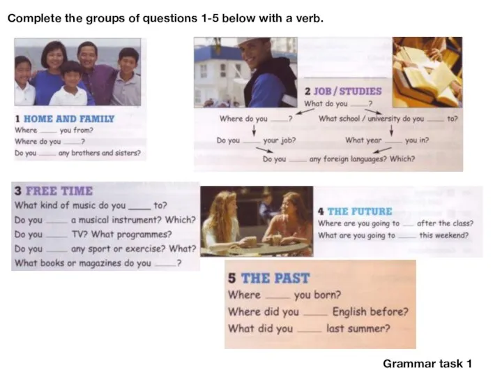 Complete the groups of questions 1-5 below with a verb. Grammar task 1