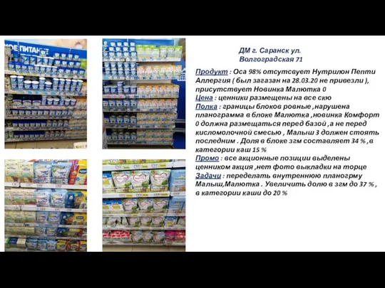 ДМ г. Саранск ул. Волгоградская 71 Продукт : Оса 98% отсутсвует Нутрилон