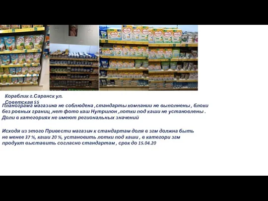 Кораблик г.Саранск ул. Советская 55 Исходя из этого Привести магазин к стандартам