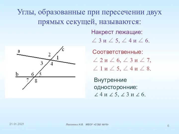 Углы, образованные при пересечении двух прямых секущей, называются: Соответственные: ∠ 2 и