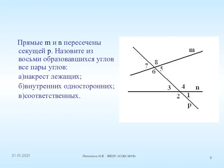 Прямые m и n пересечены секущей р. Назовите из восьми образовавшихся углов