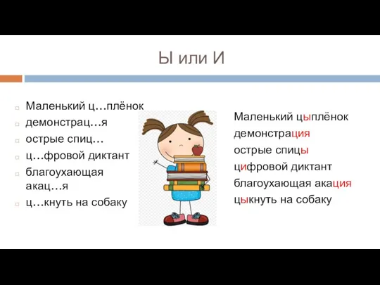 Ы или И Маленький ц…плёнок демонстрац…я острые спиц… ц…фровой диктант благоухающая акац…я