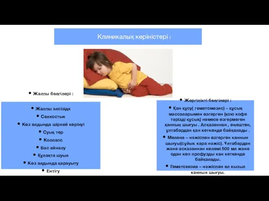 Клиникалық көріністері : Жалпы белгілері : Жалпы әлсізідк Селкостык Көз алдында шіркей