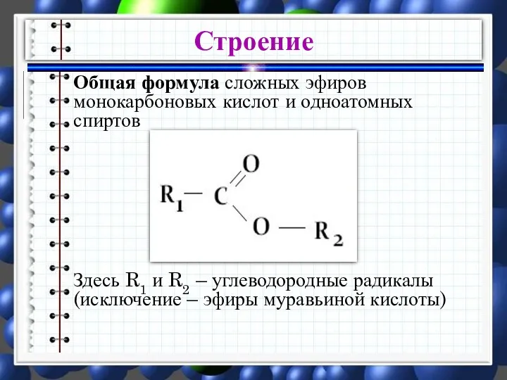 Строение Общая формула сложных эфиров монокарбоновых кислот и одноатомных спиртов Здесь R1