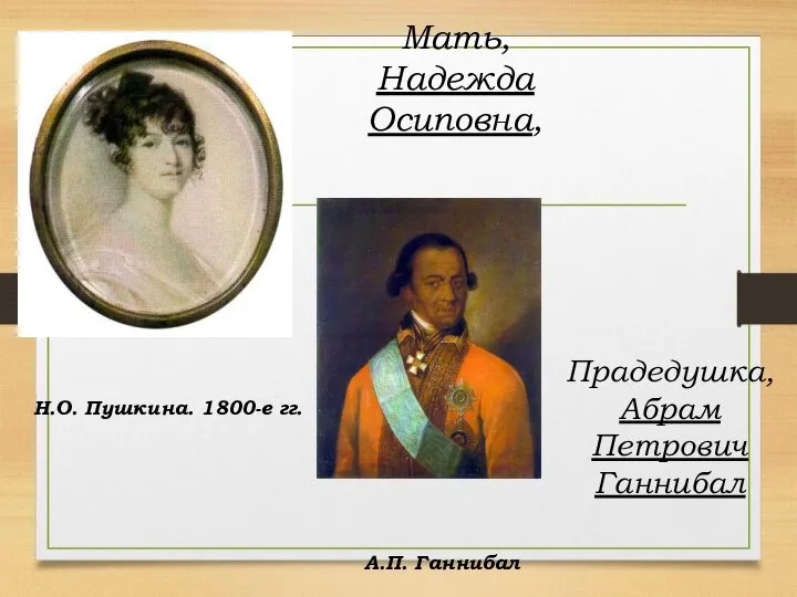 Мать, Надежда Осиповна, Н.О. Пушкина. 1800-е гг. Прадедушка, Абрам Петрович Ганнибал А.П. Ганнибал