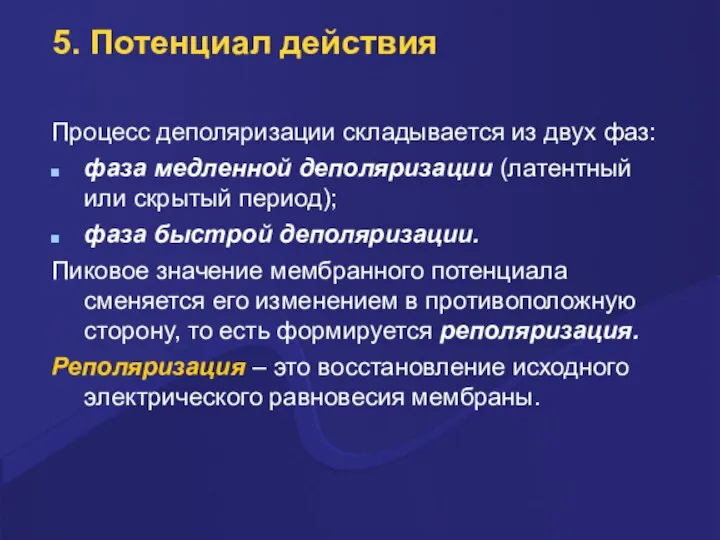 5. Потенциал действия Пpоцесс деполяpизации складывается из двух фаз: фаза медленной деполяpизации