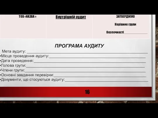 ПРОГРАМА АУДИТУ Мета аудиту: _______________________________________________________ Місце проведення аудиту:____________________________________________ Дата проведення:___________________________________________________ Голова групи:______________________________________________________