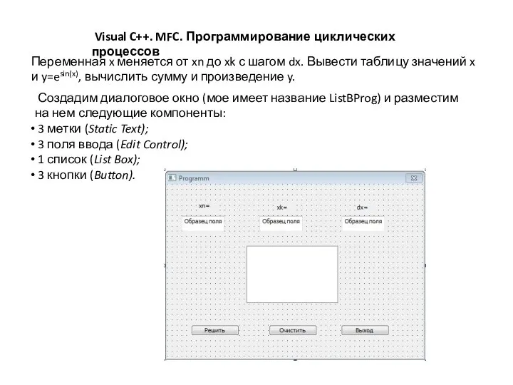 Visual C++. MFC. Программирование циклических процессов Переменная x меняется от xn до