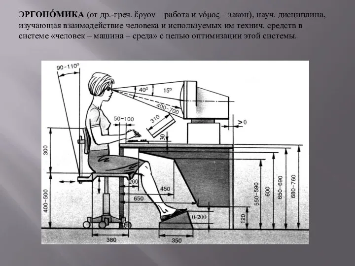 ЭРГОНО́МИКА (от др.-греч. ἔργον – работа и νόμος – закон), науч. дисциплина,