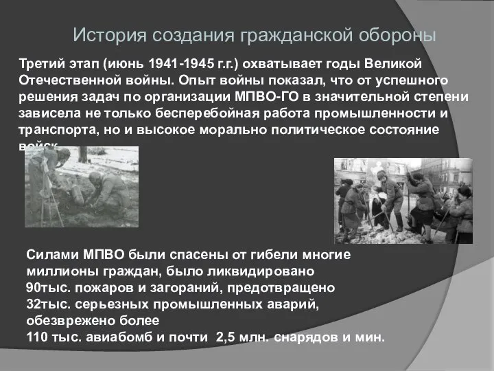 История создания гражданской обороны Третий этап (июнь 1941-1945 г.г.) охватывает годы Великой