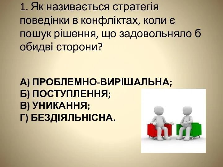 А) ПРОБЛЕМНО-ВИРІШАЛЬНА; Б) ПОСТУПЛЕННЯ; В) УНИКАННЯ; Г) БЕЗДІЯЛЬНІСНА. 1. Як називається стратегія