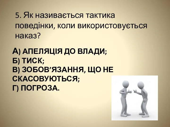 А) АПЕЛЯЦІЯ ДО ВЛАДИ; Б) ТИСК; В) ЗОБОВ’ЯЗАННЯ, ЩО НЕ СКАСОВУЮТЬСЯ; Г)