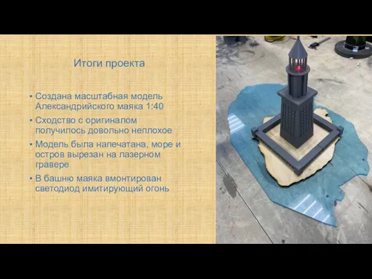 Итоги проекта Создана масштабная модель Александрийского маяка 1:40 Сходство с оригиналом получилось