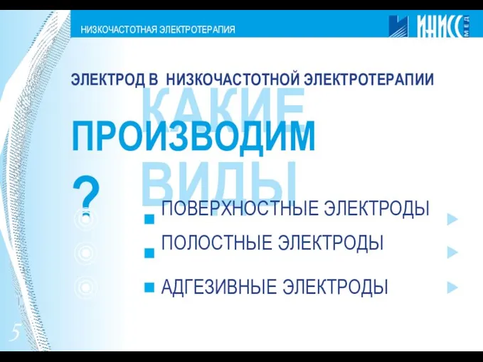 НИЗКОЧАСТОТНАЯ ЭЛЕКТРОТЕРАПИЯ КАКИЕ ВИДЫ ПРОИЗВОДИМ? ПОВЕРХНОСТНЫЕ ЭЛЕКТРОДЫ ПОЛОСТНЫЕ ЭЛЕКТРОДЫ АДГЕЗИВНЫЕ ЭЛЕКТРОДЫ 5 ЭЛЕКТРОД В НИЗКОЧАСТОТНОЙ ЭЛЕКТРОТЕРАПИИ