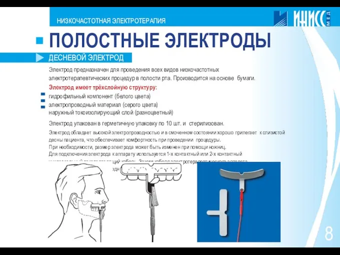 8 НИЗКОЧАСТОТНАЯ ЭЛЕКТРОТЕРАПИЯ ПОЛОСТНЫЕ ЭЛЕКТРОДЫ ДЕСНЕВОЙ ЭЛЕКТРОД Электрод предназначен для проведения всех